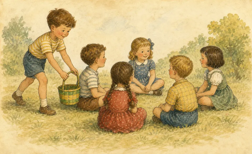 children in a ring, one dropping a green and yellow basket behind them