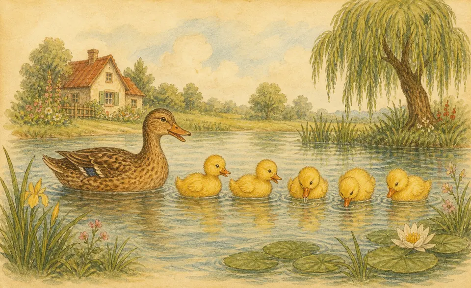 a row of little ducklings dabbling on a calm lake