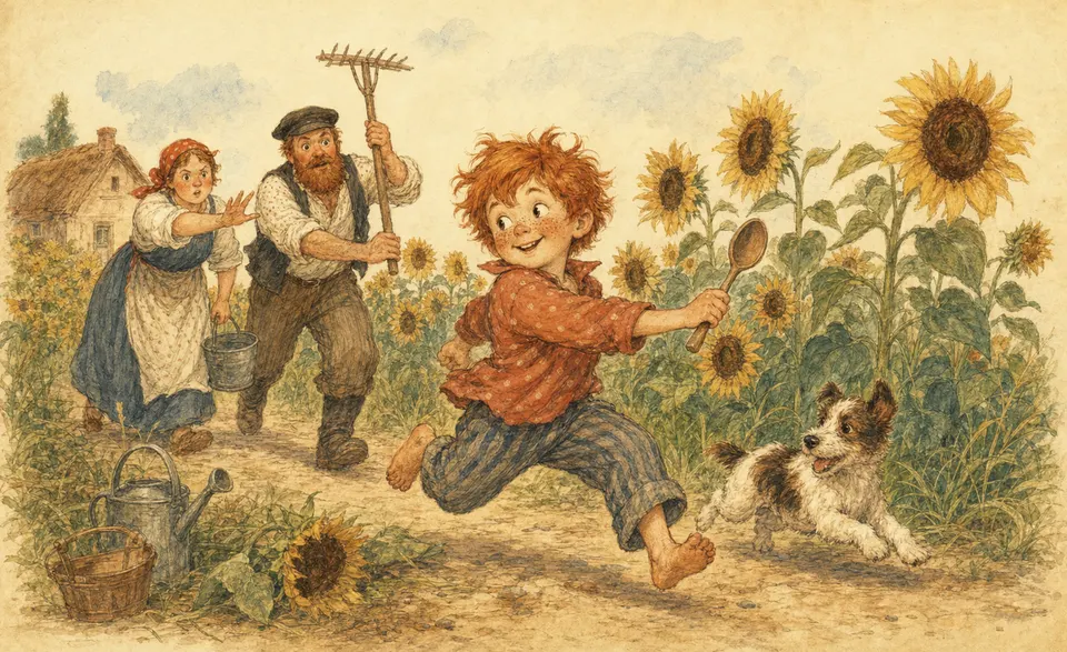 a freckled boy with a spoon, dodging work in a sunflower field