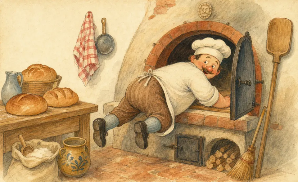 a comic baker figure clambering into a big bread oven