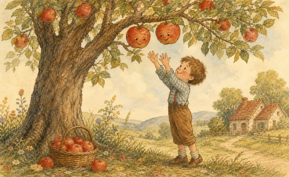 two smiling apples high in a tree, a child reaching up to shake it