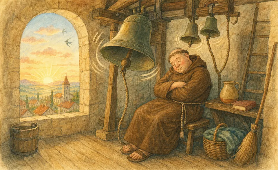 a sleepy friar in a bell tower as the morning bells ring