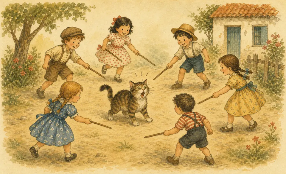 children in a ring, with a surprised cat that gives a loud meow