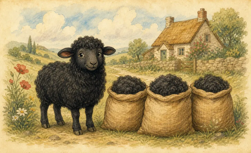 a friendly black sheep beside three full bags of wool