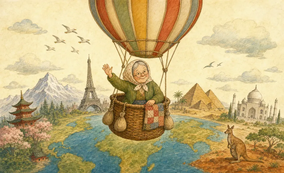 an old woman flying around the world in a little hot-air balloon