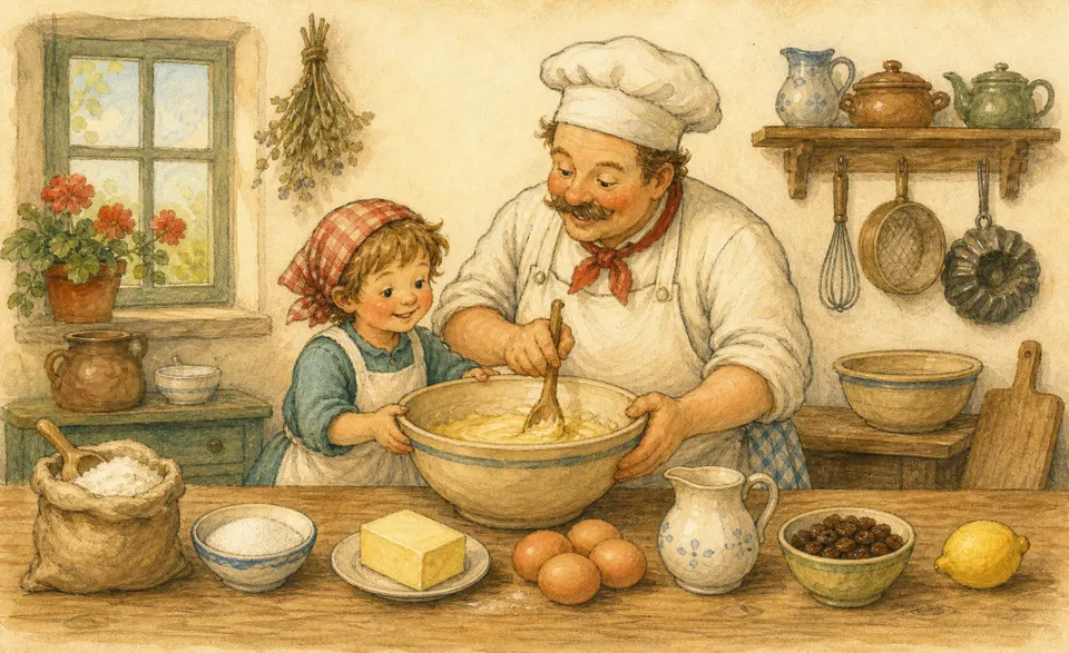 a child and a baker mixing a cake, seven ingredients on the table