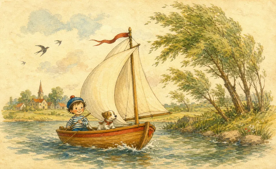 a little boat with billowing sails, trees bowing along the shore