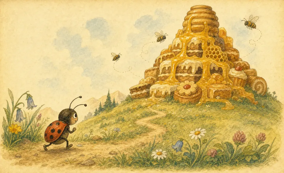 a tiny bug creeping toward a magical mountain of honey and cakes