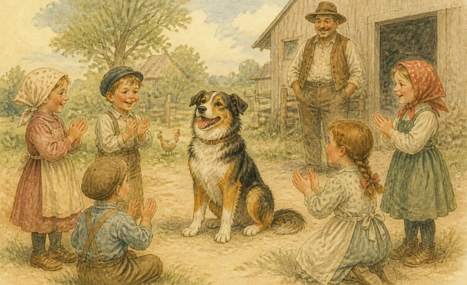 children clapping in a farmyard around a friendly dog