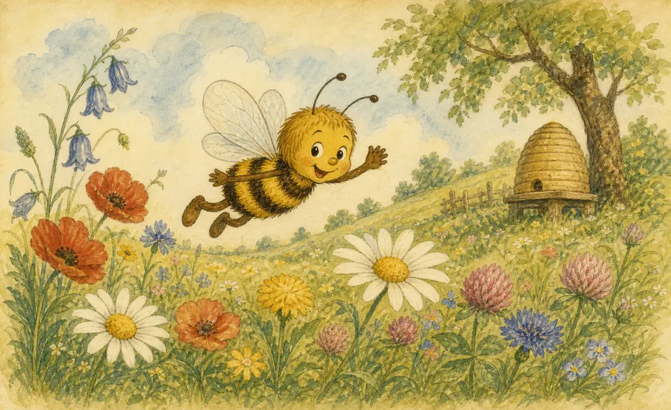 a cheerful little bee flying over a bright meadow of flowers