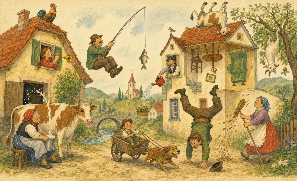 a topsy-turvy village scene where nothing works the way it should