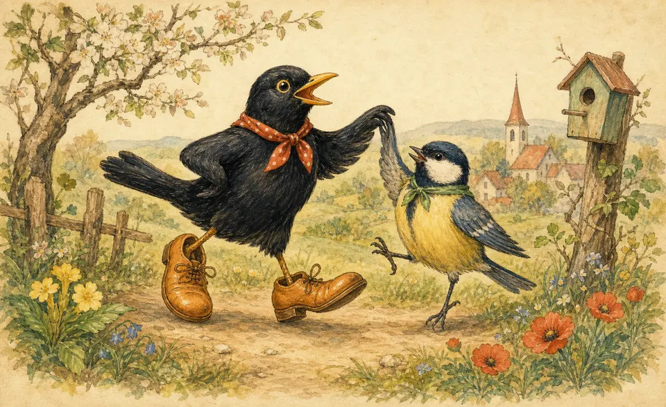 a merry blackbird in new shoes dancing a polka with a little titmouse