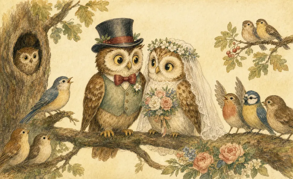 a little owl and an owl bride perched on a branch at their wedding