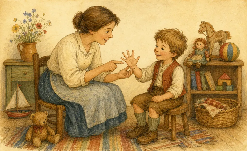 a grown-up naming a child’s five fingers, from thumb to little finger