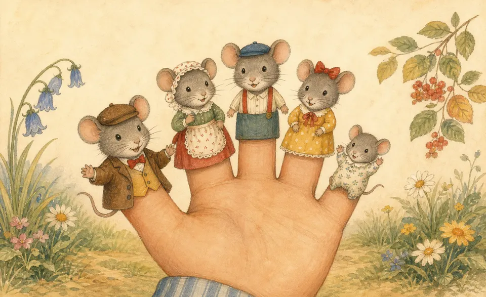 a family of little mice on a child’s five fingers, the baby one smallest