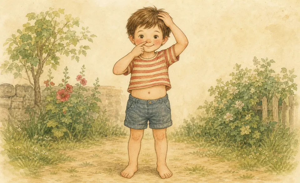 a child pointing to their own hands, hair, tummy and nose