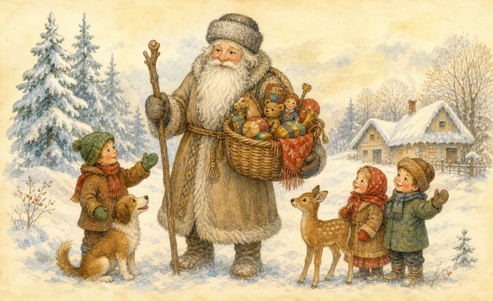 Grandfather Frost in a grey fur cap with a basket full of gifts