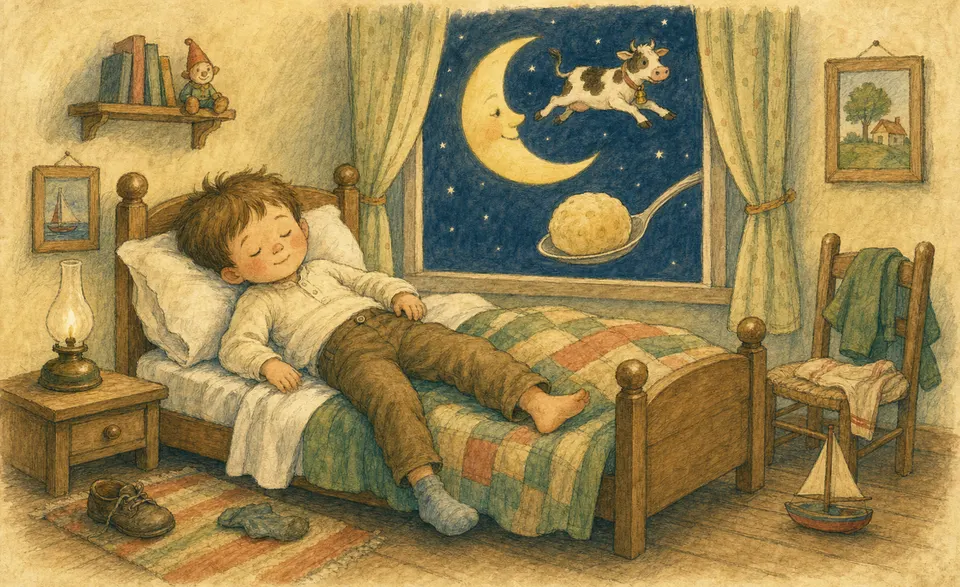 a sleepy boy in bed still wearing his trousers, one sock on, one off