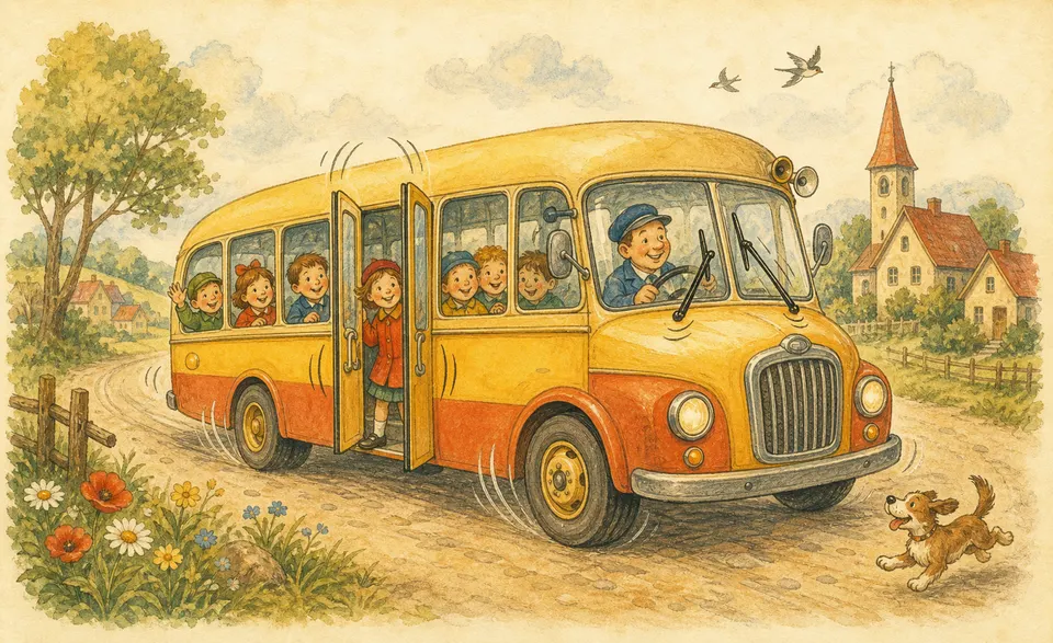 a cheerful bus with doors, wipers and wheels all in motion