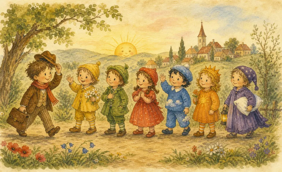 the seven days of the week as friendly little characters greeting each other