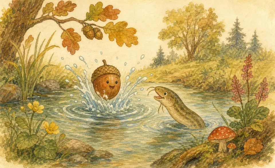 an acorn splashing into a pond, a friendly loach fish rising to greet it
