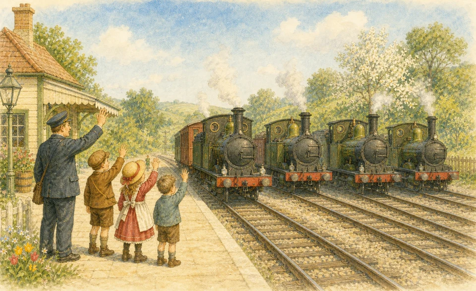 Small steam locomotives standing in a row at a country station in early morning light