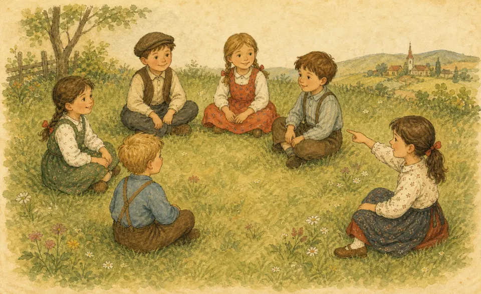 a circle of children, one pointing round the ring to count them out
