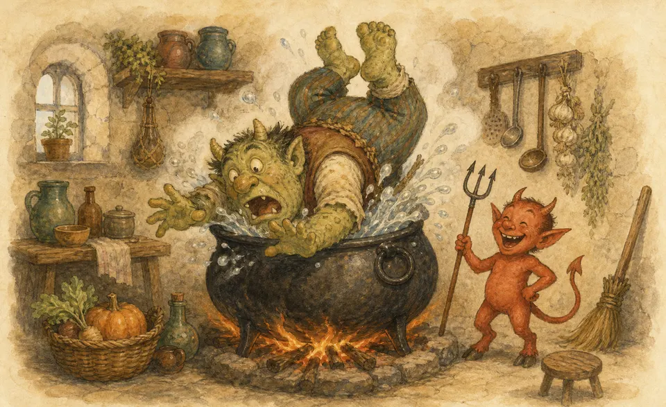 a comic ogre tumbling into his own steaming cauldron, a grinning devil nearby