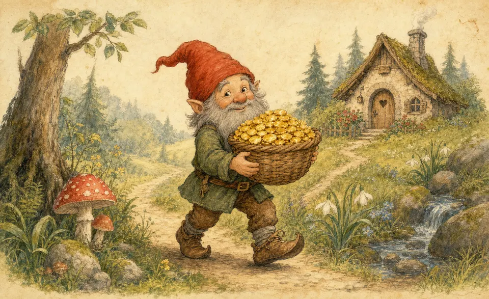 a little grey-bearded gnome carrying a basket brimming with gold