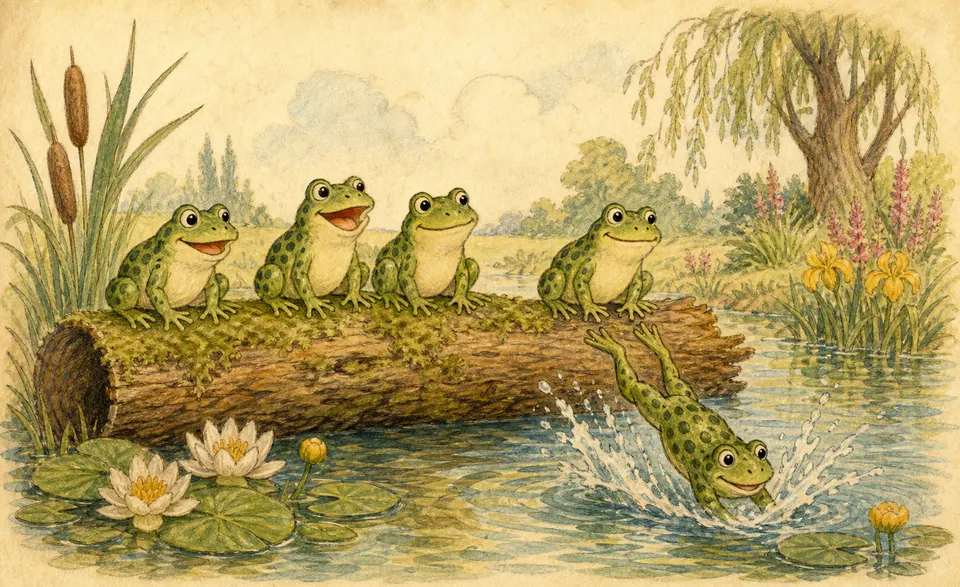 green speckled frogs on a mossy log, one splashing into the pool