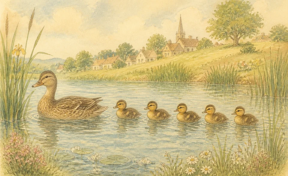 one mother duck swimming with five ducklings on a sunny pond