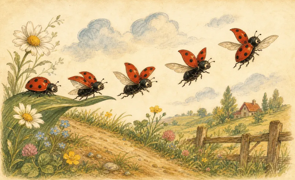 five little ladybugs, one after another taking flight