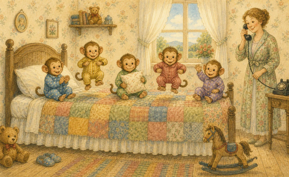 Five cheerful monkeys in colourful pyjamas sitting and making small hops across a patchwork bed