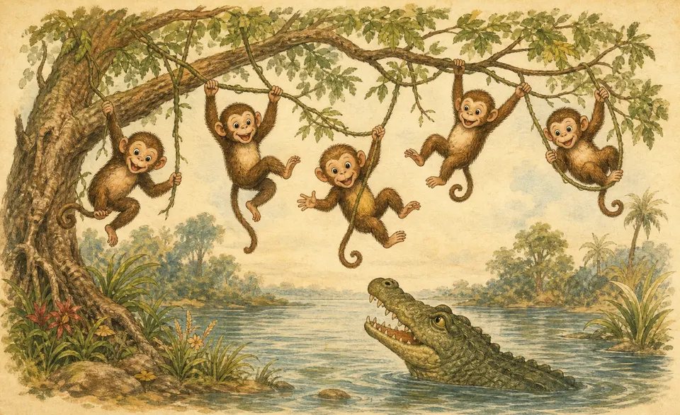 monkeys swinging over a river as an alligator waits below
