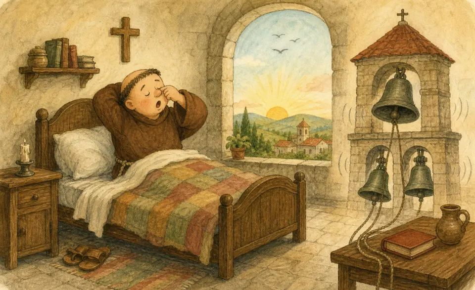 a sleepy monk and the morning bells he has forgotten to ring