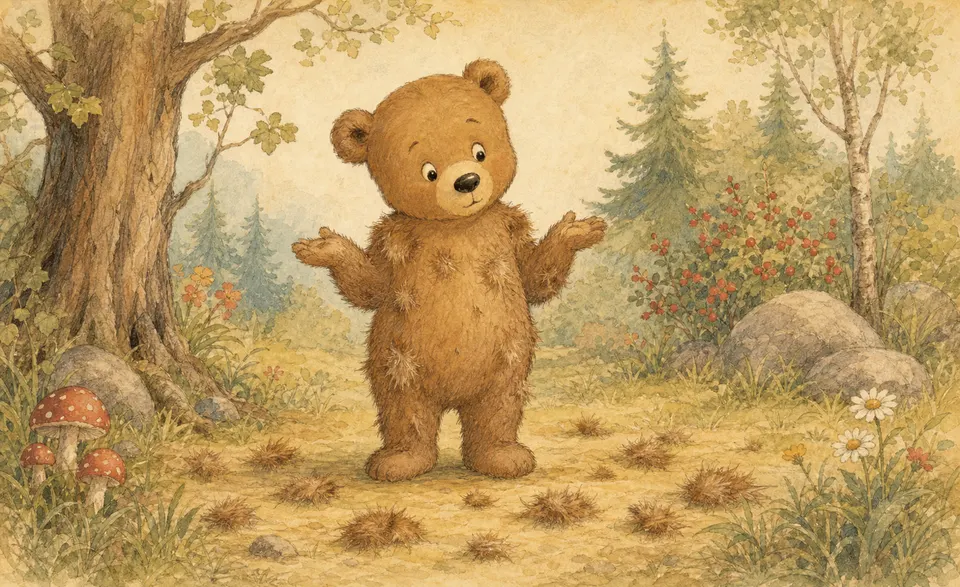 a friendly bald bear looking puzzled about his missing fuzz