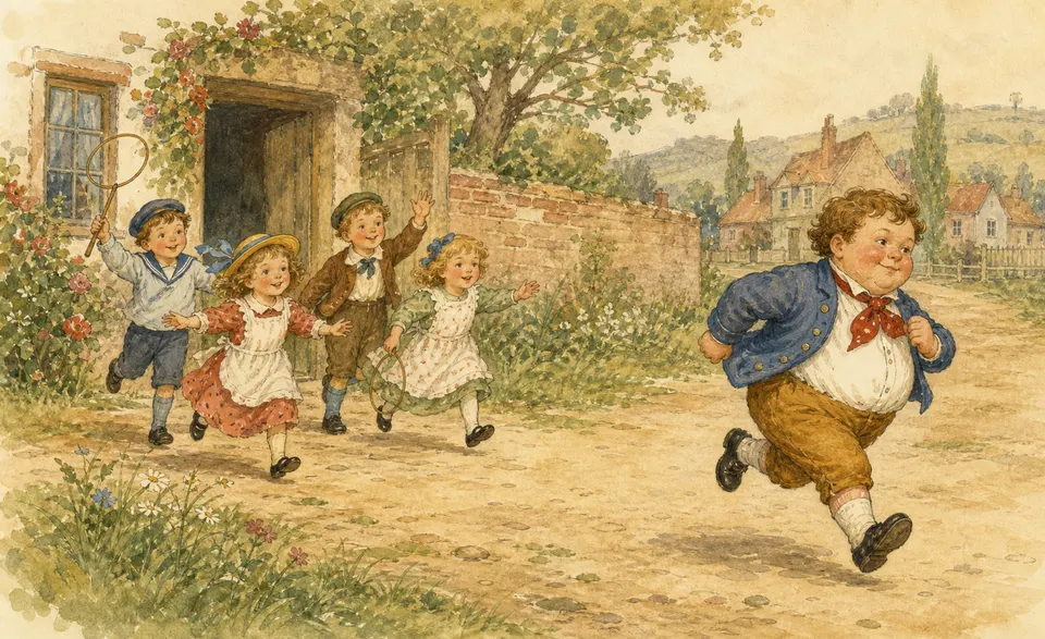a plump boy running off as other children come out to play