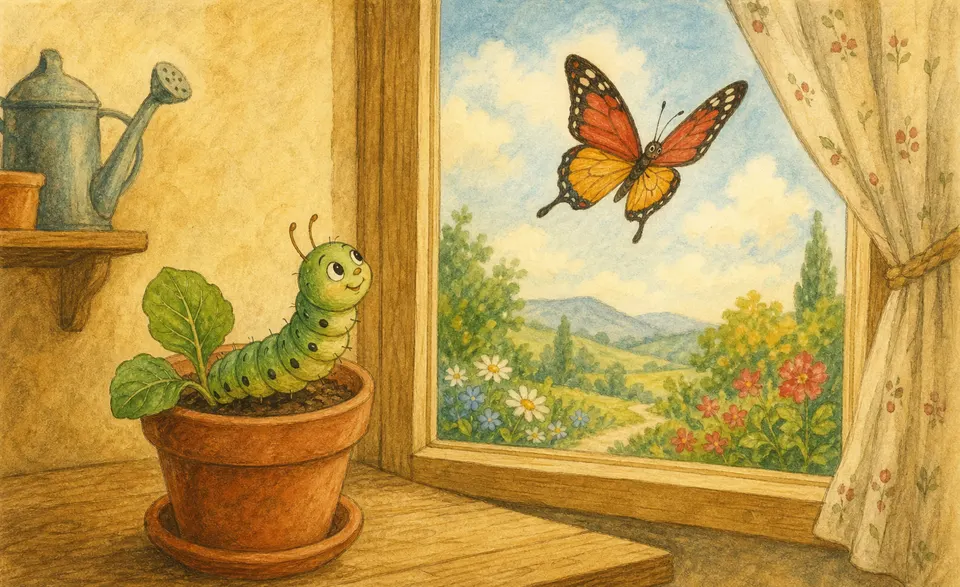 a caterpillar in a little pot and a butterfly flying past the window
