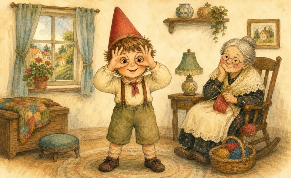 a child making round glasses with their fingers and a pointed hat overhead