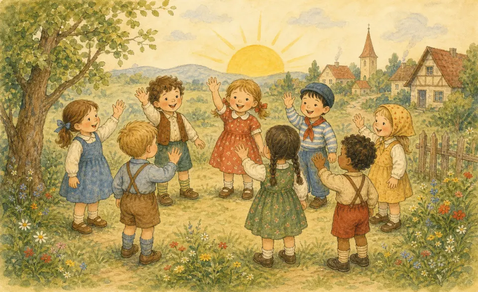 a circle of children waving good morning to one another