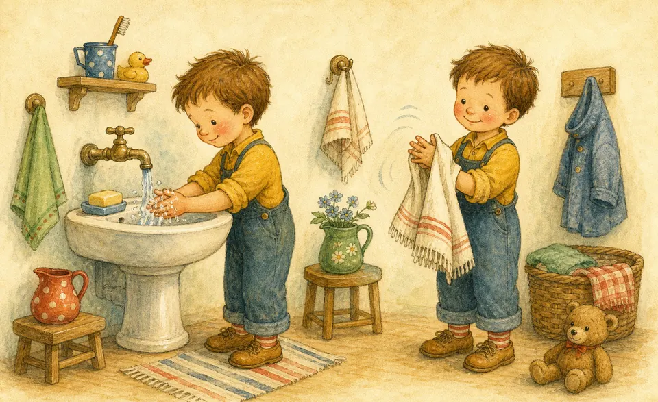 a child washing their hands and then shaking them dry