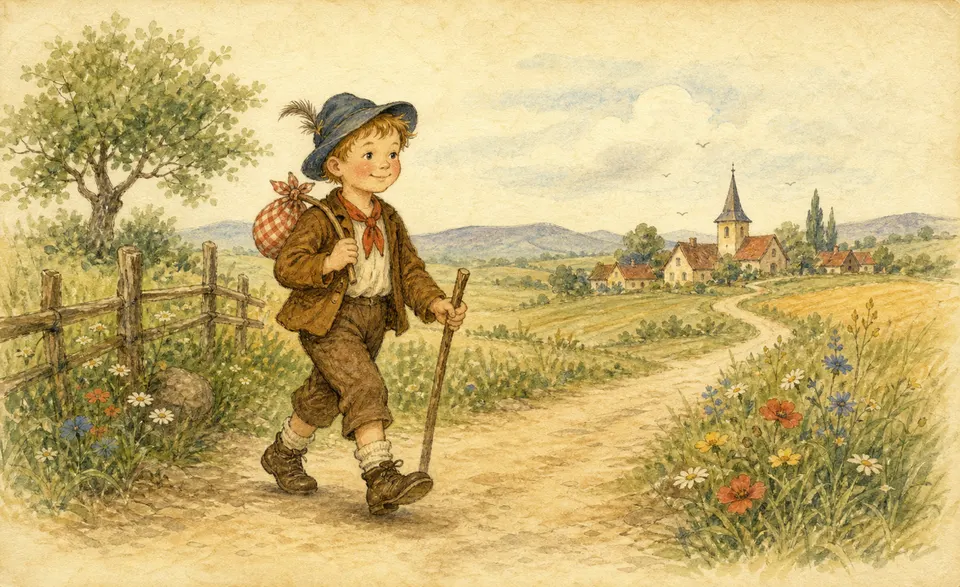 a small boy with a walking stick setting off down a country road