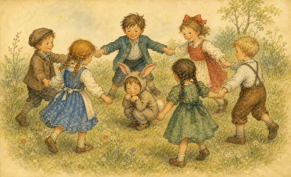 children circling a crouching playmate who plays a sleepy little rabbit