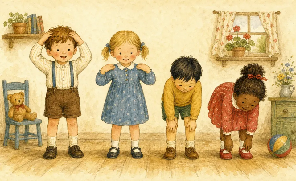 children touching their heads, shoulders, knees and toes