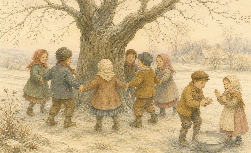 children holding hands around a mulberry tree on a frosty morning