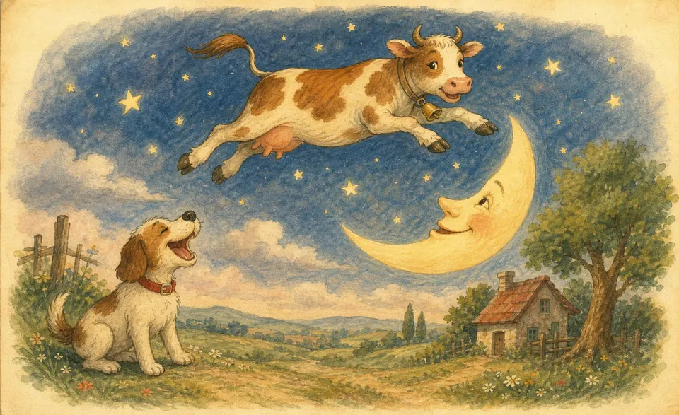 a cow leaping over a smiling moon while a dog laughs