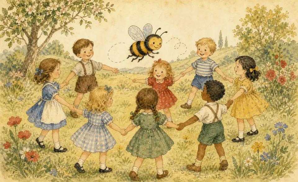 a cheerful bumblebee buzzing round a circle of children saying their names