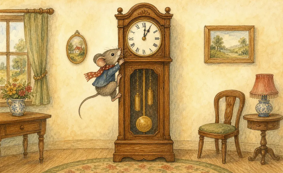 a mouse running up a tall grandfather clock