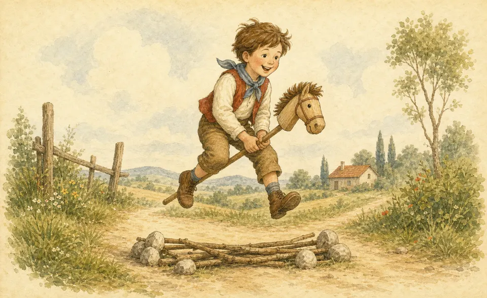 a child galloping on a hobby-horse over sticks and stones