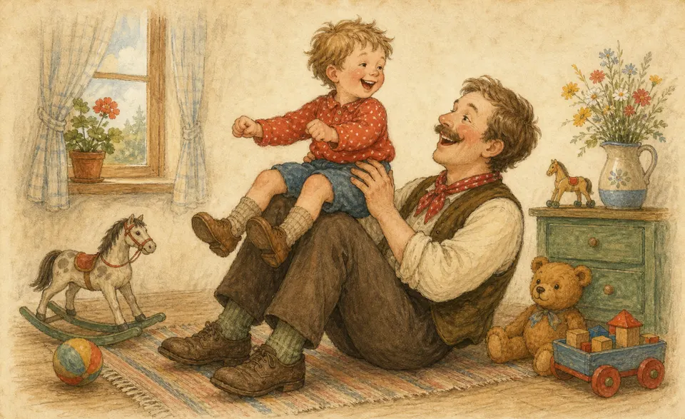 a laughing child bounced on a grown-up’s knees like a little rider